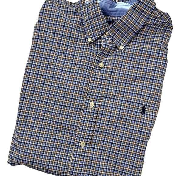 Ralph Lauren Blue Brown Checked Plaid Button Down Shirt Cotton Stretch LARGE - Picture 1 of 8